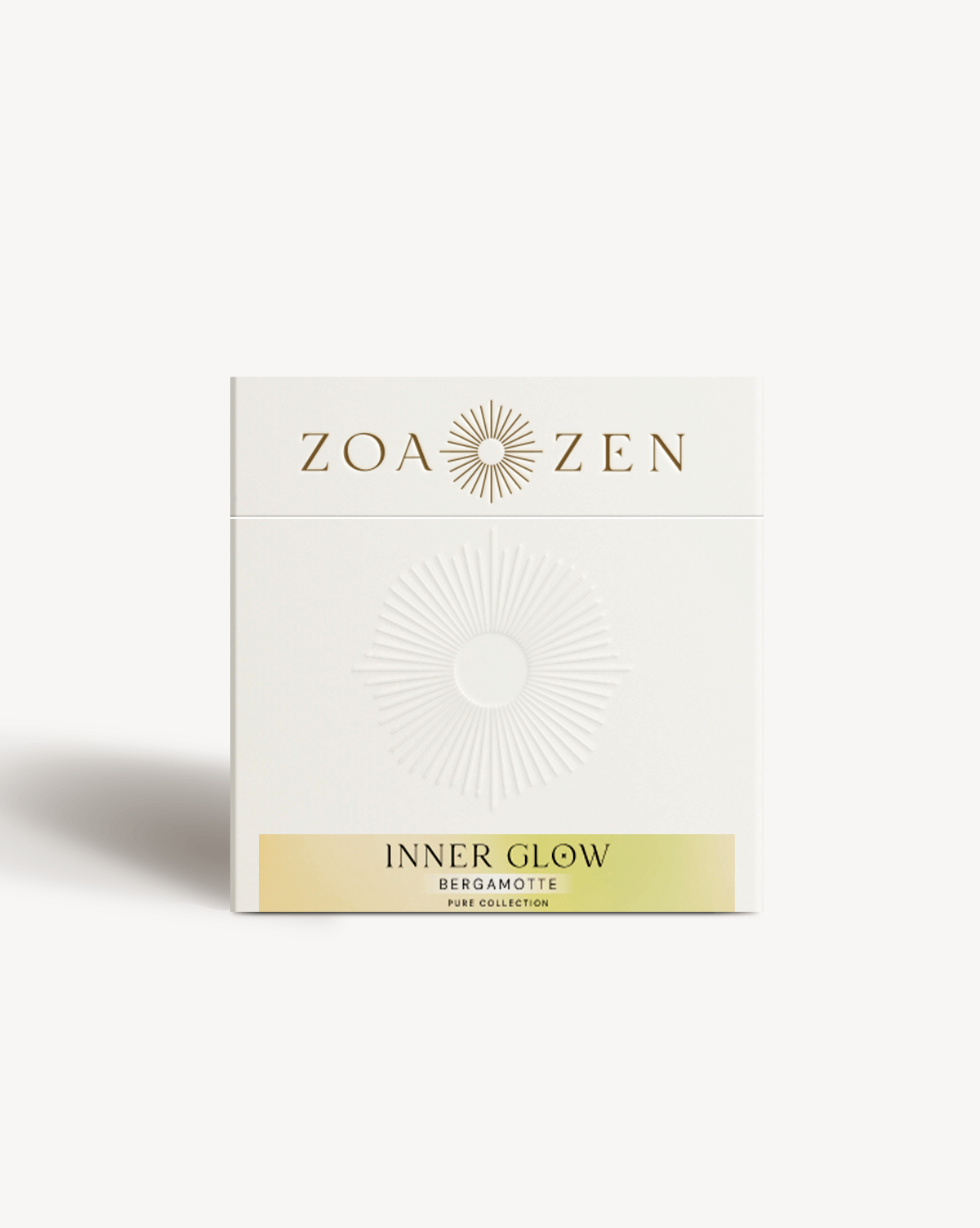 Zoa Zen Inner Glow Bergamot Produktverpackung, elegante weiße Box für aromatische Erlebnisse.