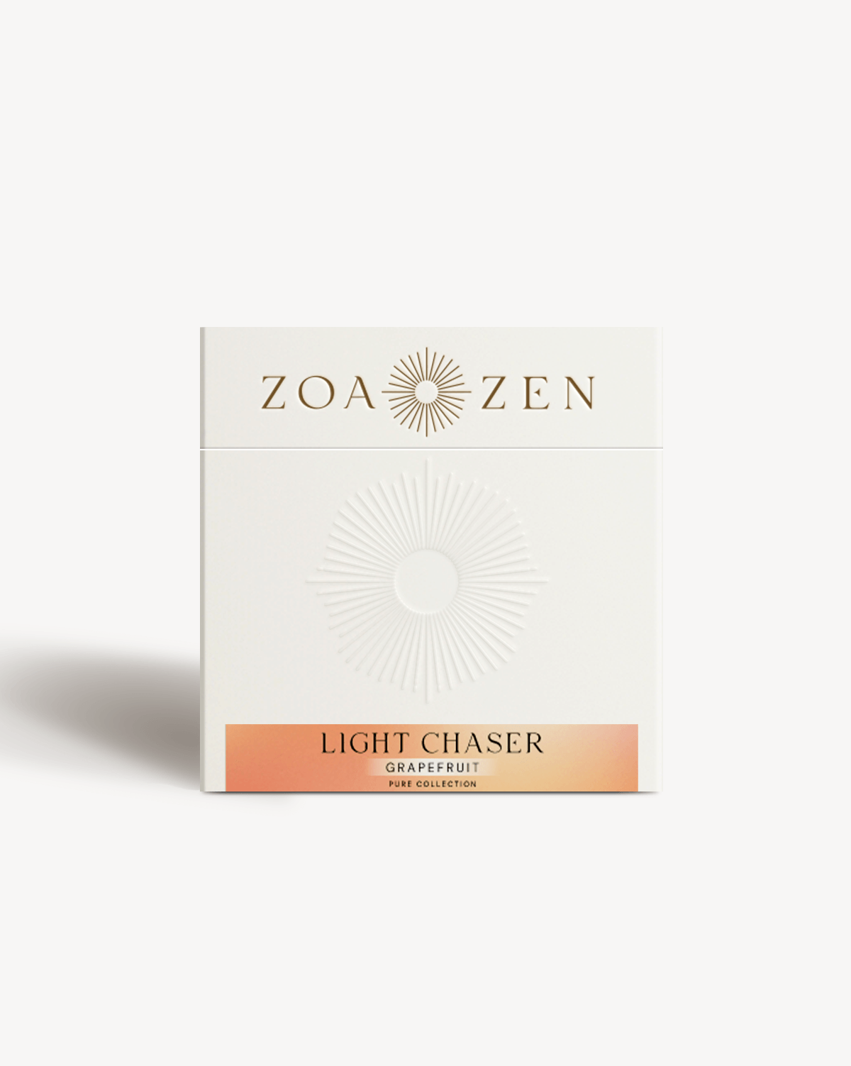 Zoa Zen Light Chaser Grapefruit Duftpackung, elegante weiße Box für aromatische Reinigung.