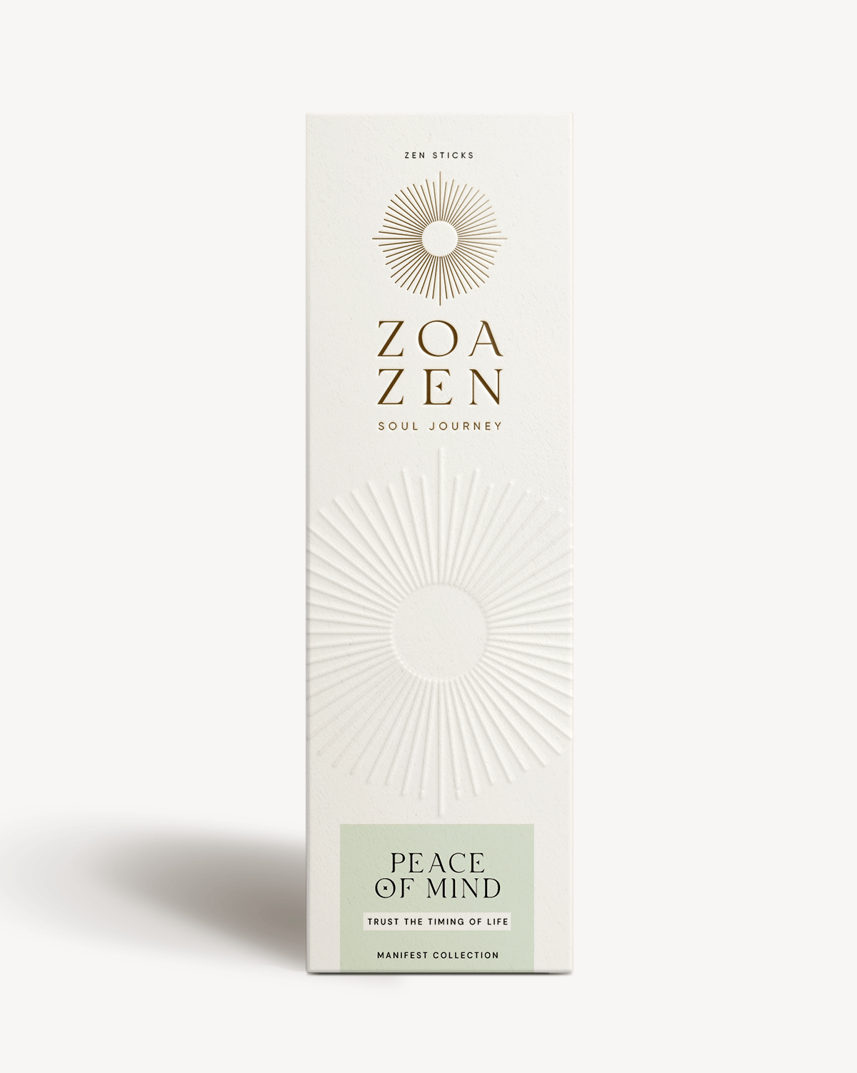 Zoa Zen Sticks 'Peace of Mind', weiße Verpackung, Teil der Manifest-Kollektion für Entspannung.