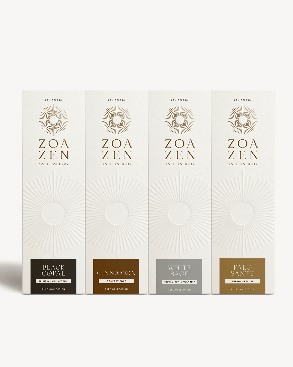 Zen-Sticks Set in vier Varianten: Schwarzopal, Zimt, Weißer Salbei, Palo Santo, Pure Collection.