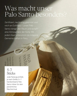  ZoaZen Palo Santo Verpackung mit Baumwollbeutel und Produktkarte – jede Packung enthält 5 bis 7 handverlesene Sticks aus Peru