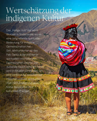 Frau in traditioneller peruanischer Kleidung blickt über die Anden – Wertschätzung der indigenen Kultur hinter Palo Santo