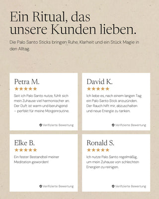 Vier verifizierte 5-Sterne Kundenbewertungen zu ZoaZen Palo Santo – Erfahrungen zu Duft, Meditation und energetischer Reinigung