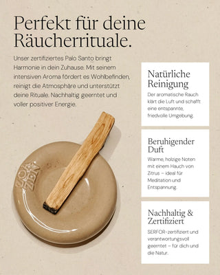 Palo Santo Stick auf ZoaZen Keramikschale – natürliche Reinigung, beruhigender Duft und SERFOR-zertifiziert für Räucherrituale